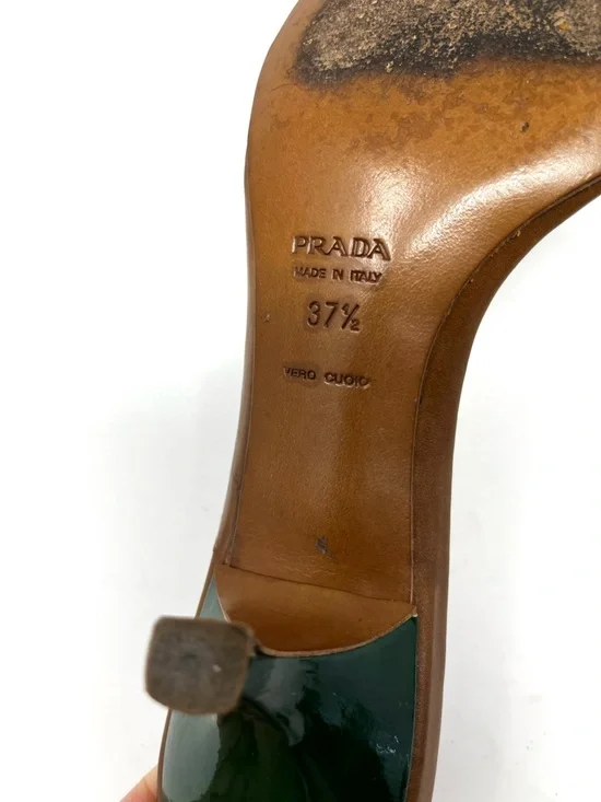 Vintage Prada Green Yellow Crochet Raffia Kitten Heels Slides Sandals 37.5 7.5 - Picture 8 of 10